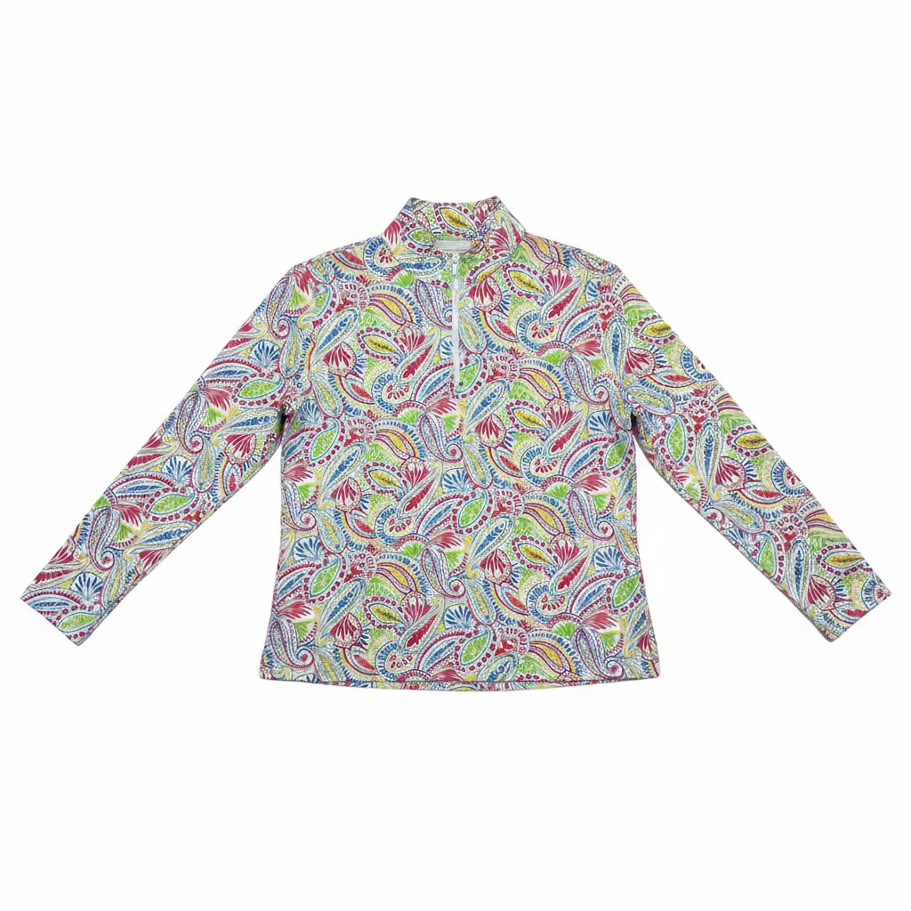 Ibkul Womens Long Sleeve Massie Paisley Zip Mock - Watermelon/Multicolored