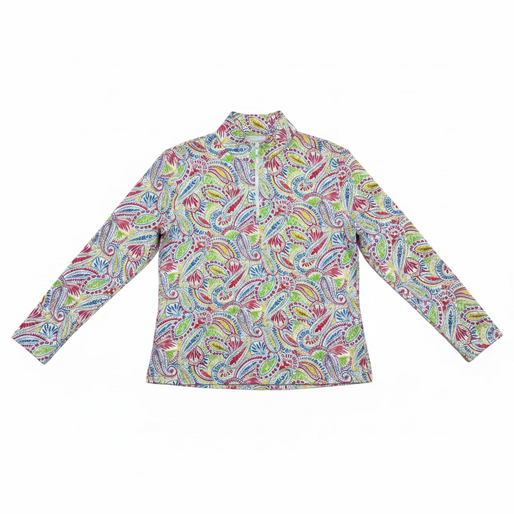 Ibkul Womens Long Sleeve Massie Paisley Zip Mock - Watermelon/Multicolored