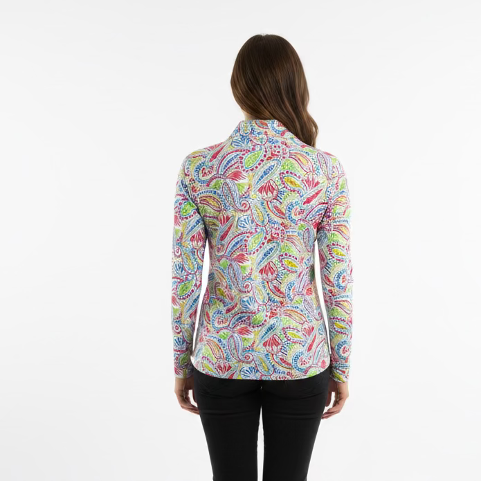 Ibkul Womens Long Sleeve Massie Paisley Zip Mock - Watermelon/Multicolored
