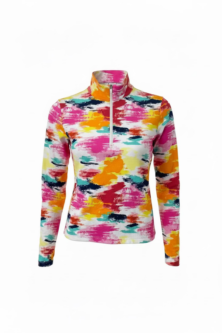 Ibkul Womens Long Sleeve Pattern Print Zip Mock - Pink/Multicolored