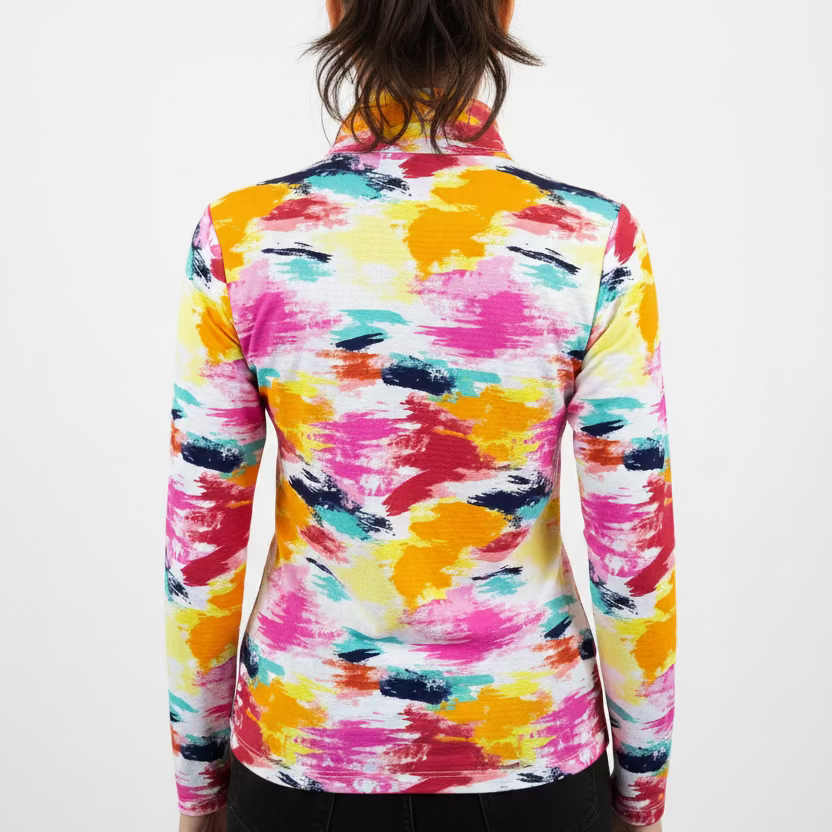 Ibkul Womens Long Sleeve Pattern Print Zip Mock - Pink/Multicolored