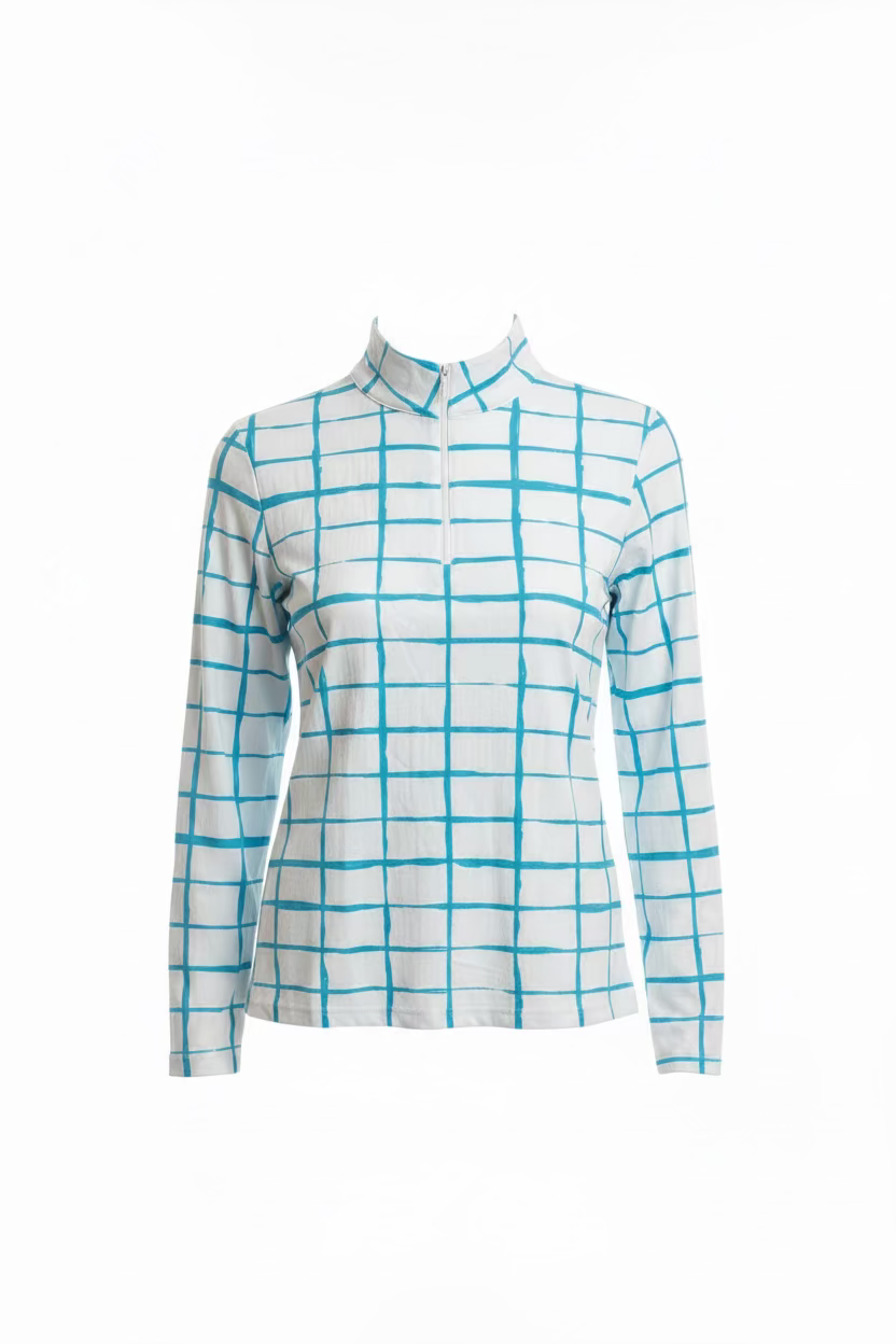Ibkul Womens Long Sleeve Carly Zip Mock - Turquoise/White