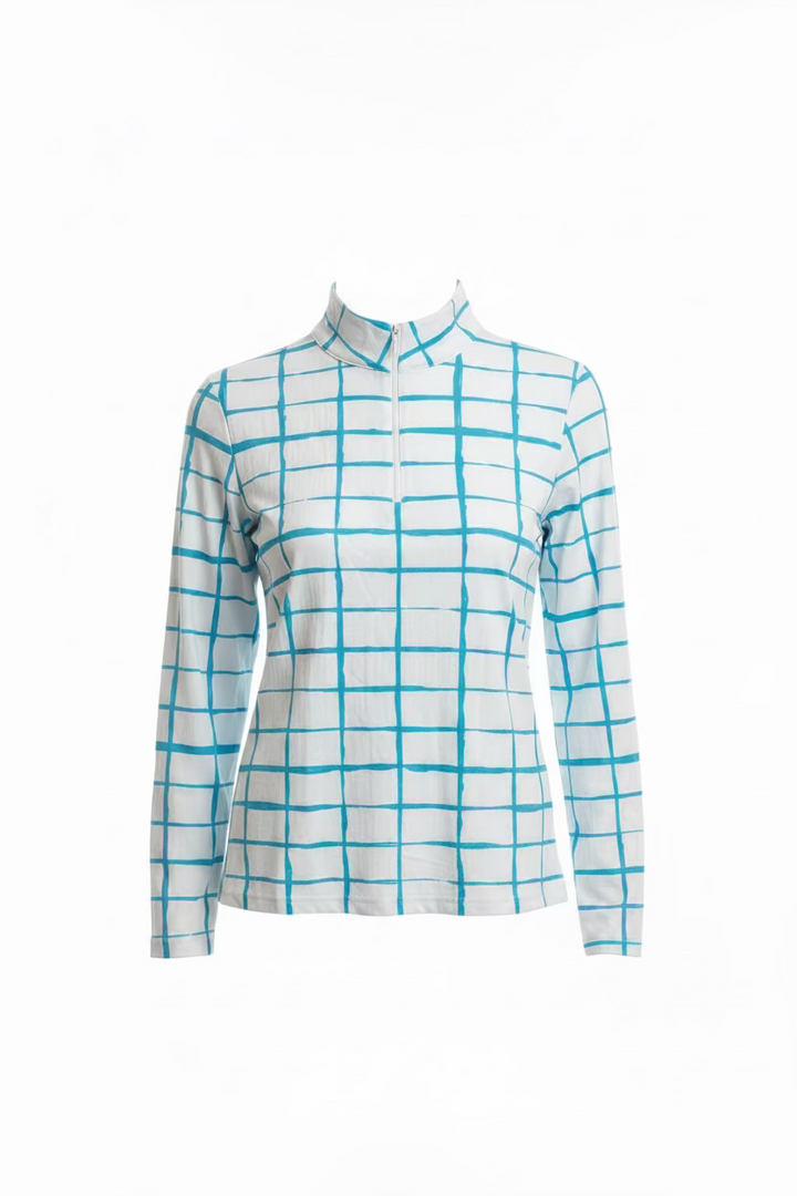 Ibkul Womens Long Sleeve Carly Zip Mock - Turquoise/White