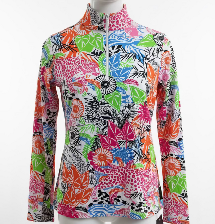 Ibkul Womens Long Sleeve Floral Zip Mock - Pink/Multi
