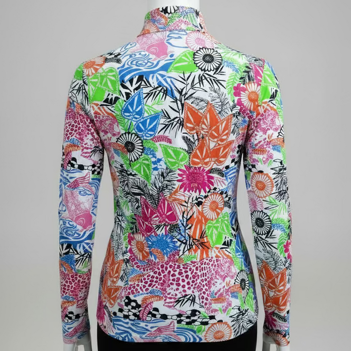 Ibkul Womens Long Sleeve Floral Zip Mock - Pink/Multi