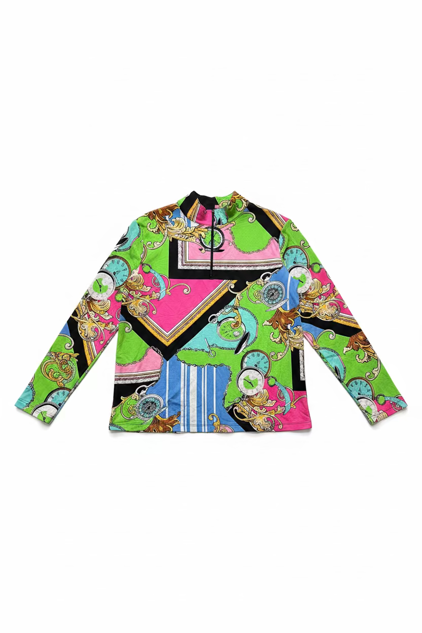 Ibkul Womens Long Sleeve Clock Party Zip Mock - Black/Multi