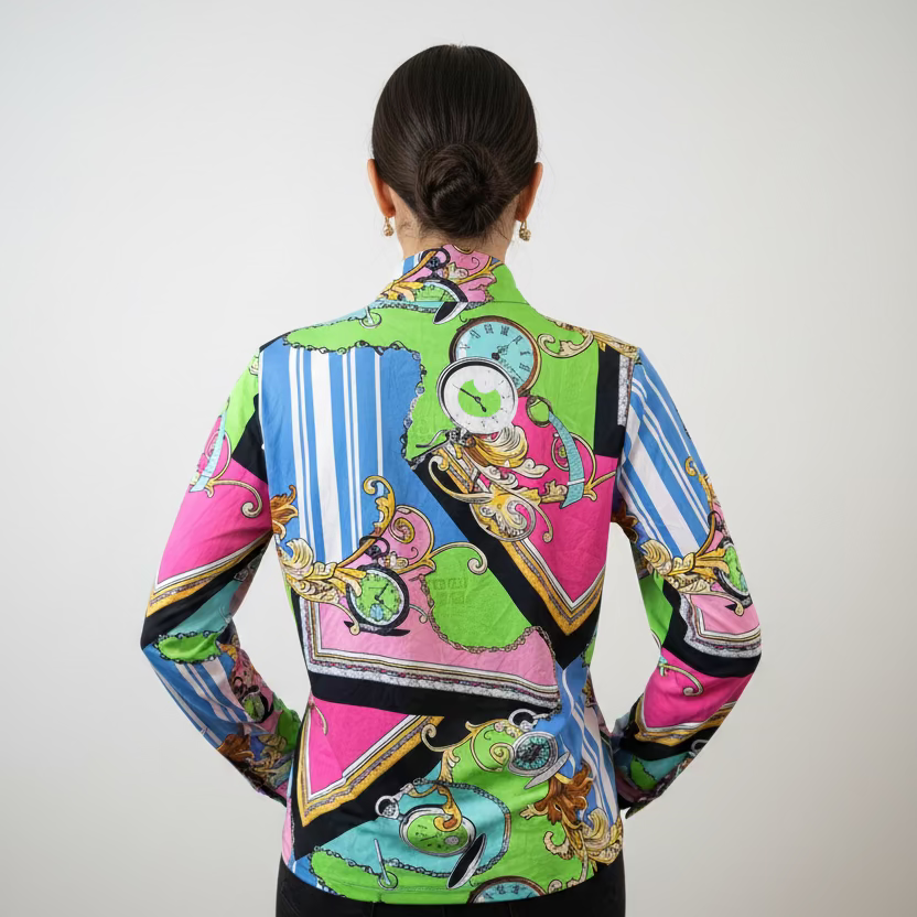 Ibkul Womens Long Sleeve Clock Party Zip Mock - Black/Multi