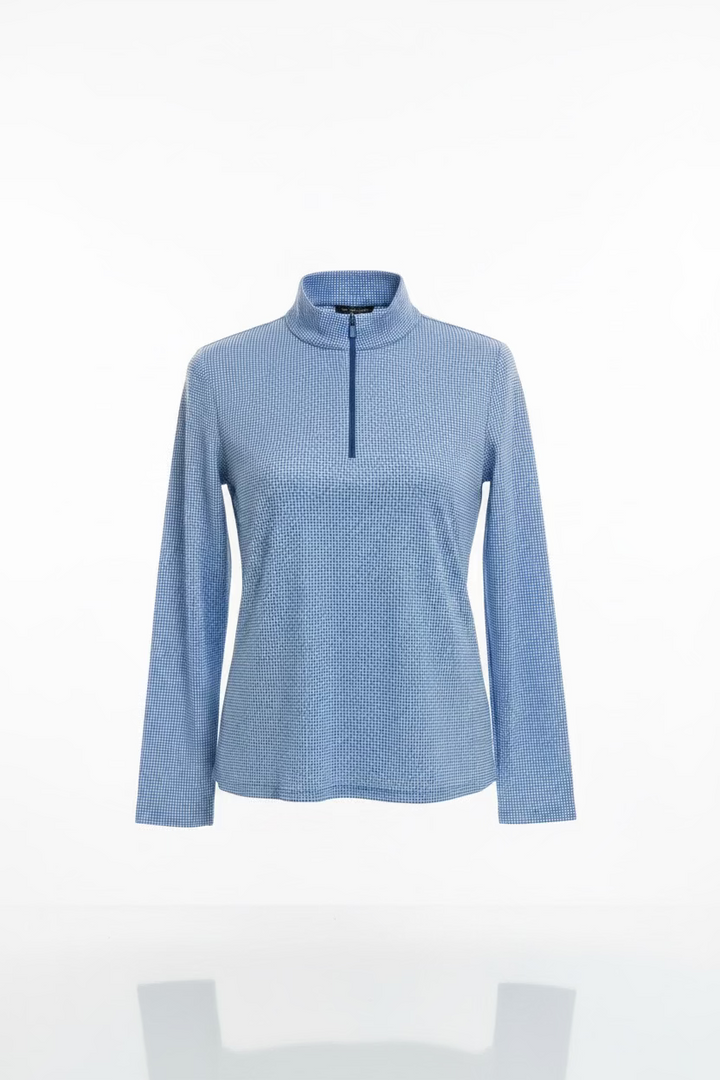 Ibkul Womens Long Sleeve Helena Mini Check Zip Mock - Blue/White