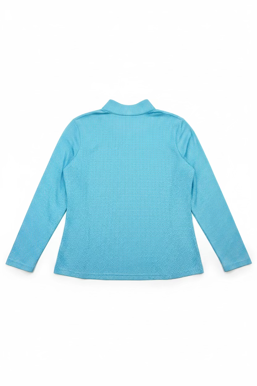 IBKUL Womens Long Sleeve Helena Mini Check Zip Mock - Turquoise/White