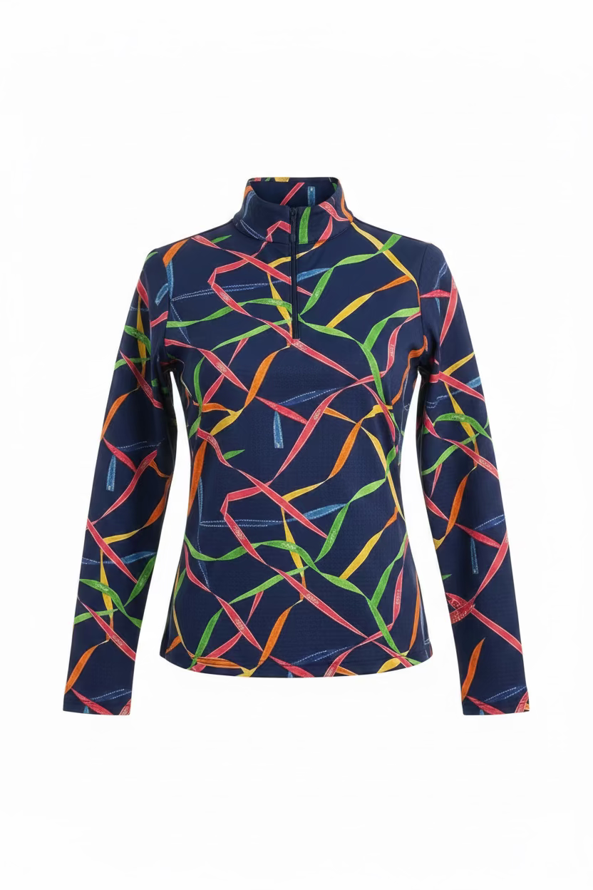 IBKUL Womens Long Sleeve Gifted Zip Mock - Navy/Multicolored