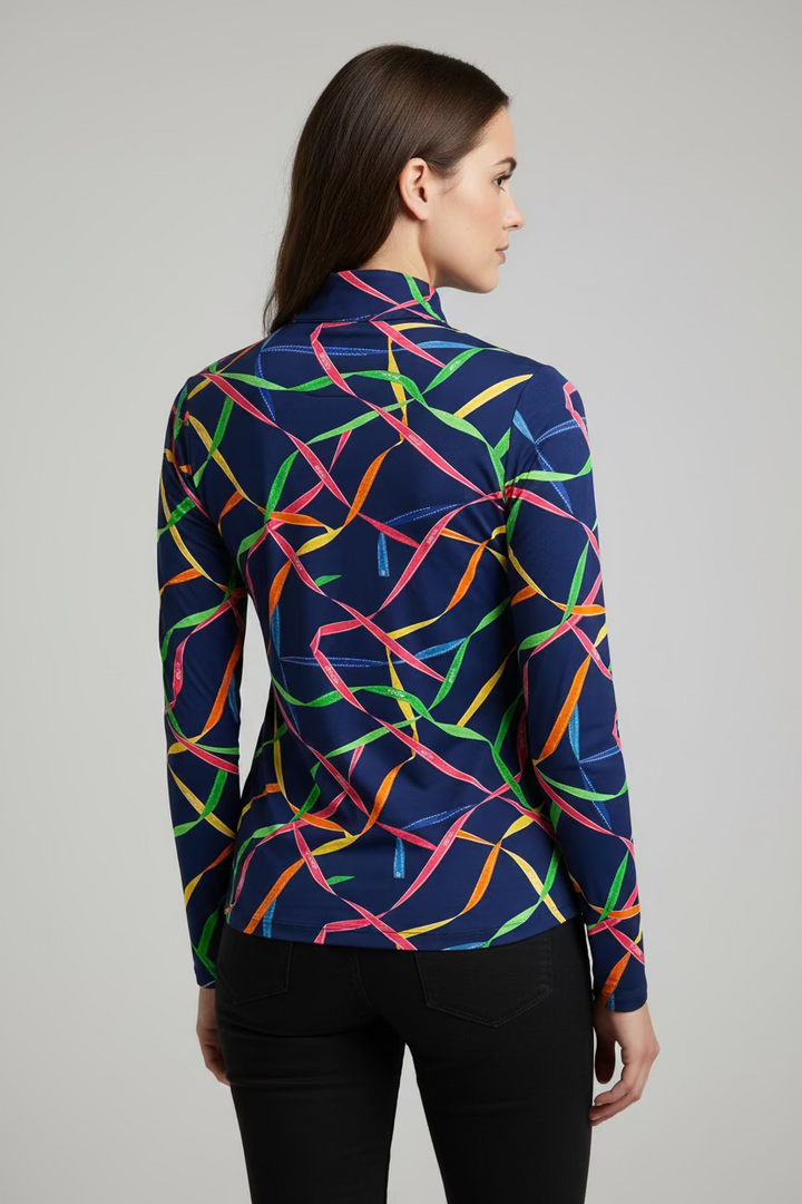 IBKUL Womens Long Sleeve Gifted Zip Mock - Navy/Multicolored