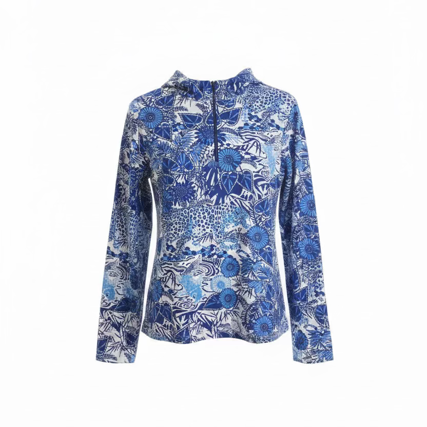 IBKUL Womens Long Sleeve Floral Mock Zip Top - Big Sur Blue/White