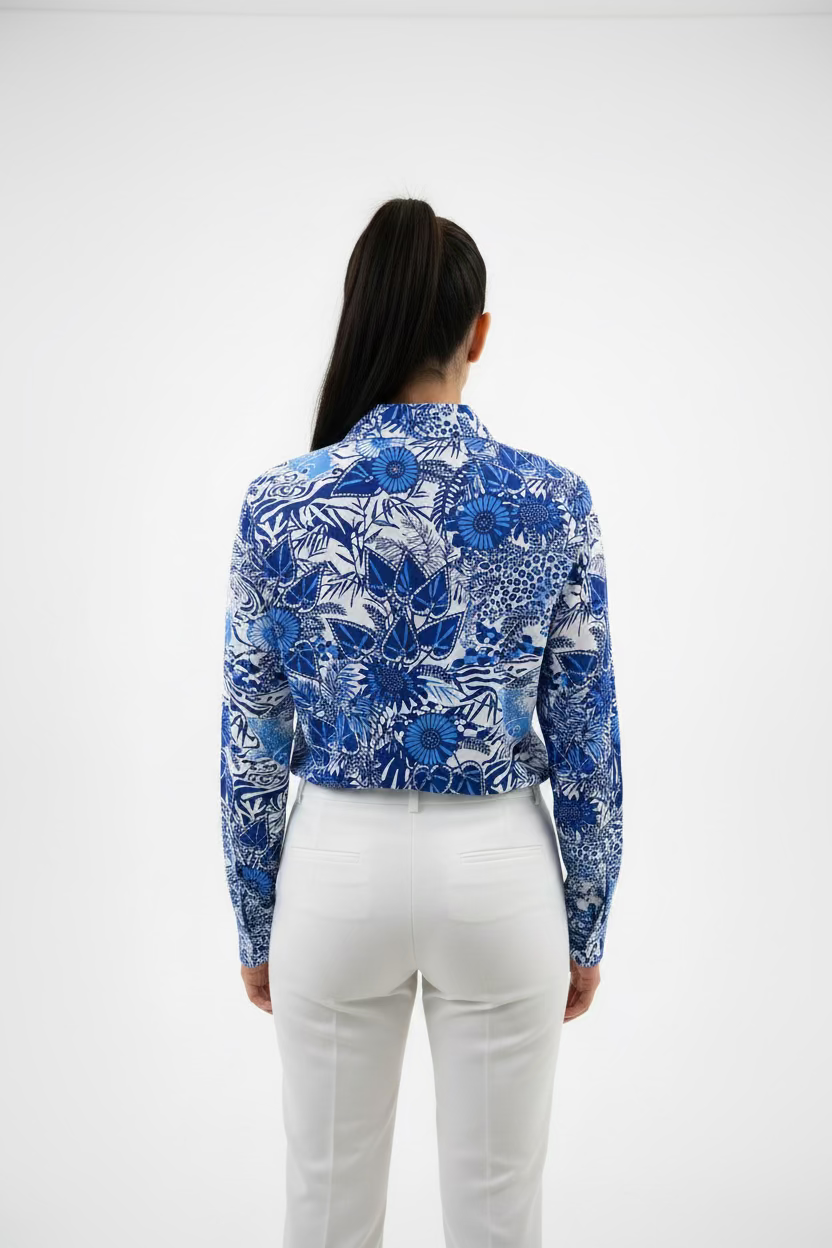 IBKUL Womens Long Sleeve Floral Mock Zip Top - Big Sur Blue/White