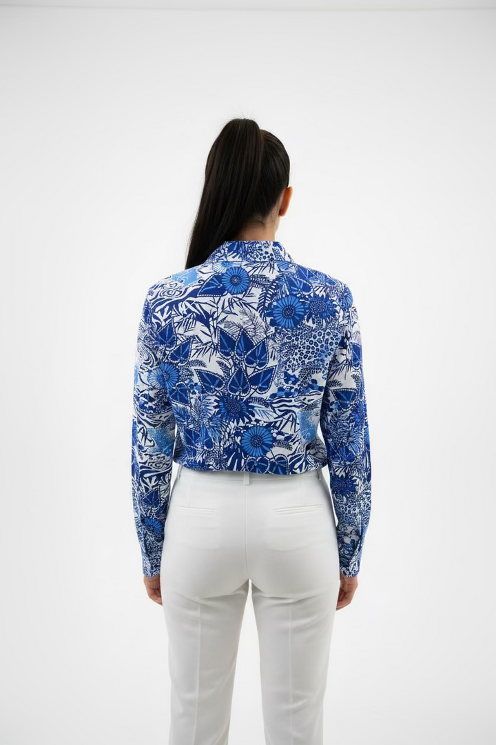 IBKUL Womens Long Sleeve Floral Mock Zip Top - Big Sur Blue/White