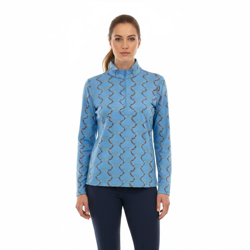 IBKUL Womens Long Sleeve Belmont Zip Mock - Blue/Multi