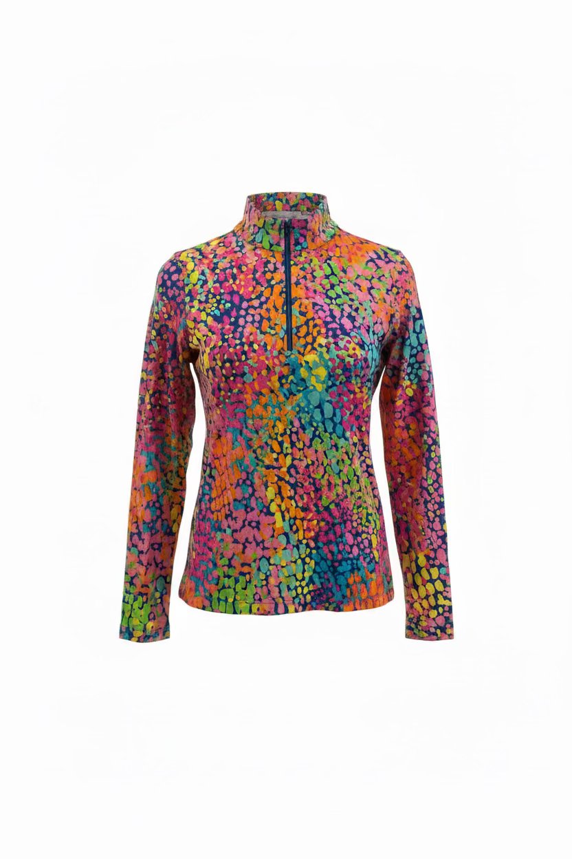 IBKUL Womens Long Sleeve Camille Animal Zip Mock - Blue/Multi
