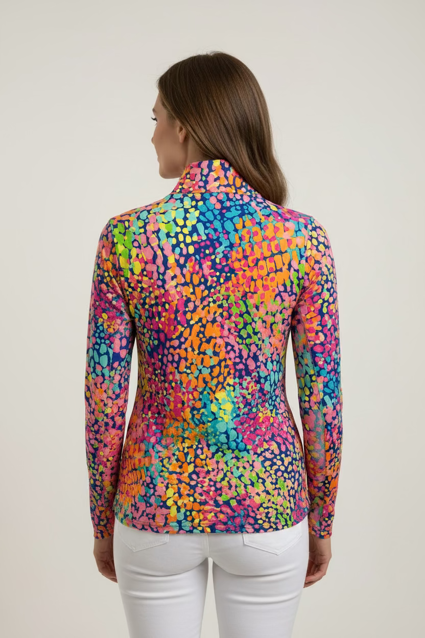 IBKUL Womens Long Sleeve Camille Animal Zip Mock - Blue/Multi