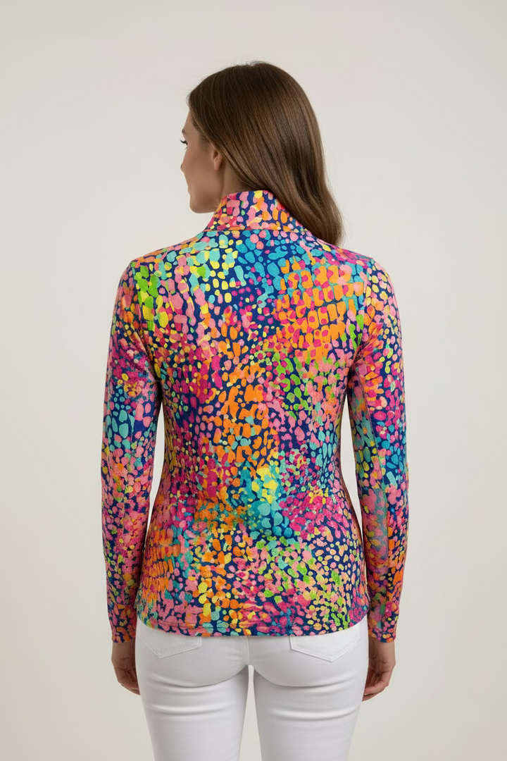 IBKUL Womens Long Sleeve Camille Animal Zip Mock - Blue/Multi