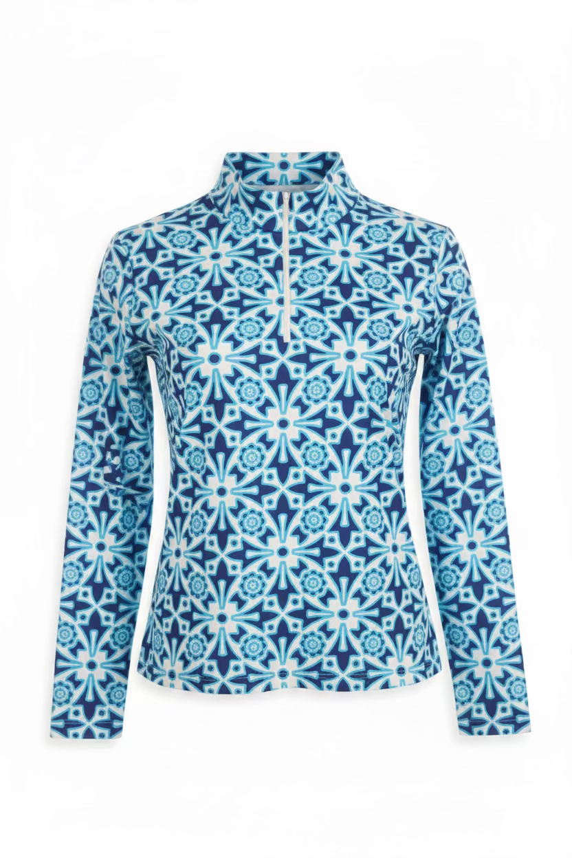 IBKUL Womens Long Sleeve Moroccan Tile Zip Mock - Blue/Multi