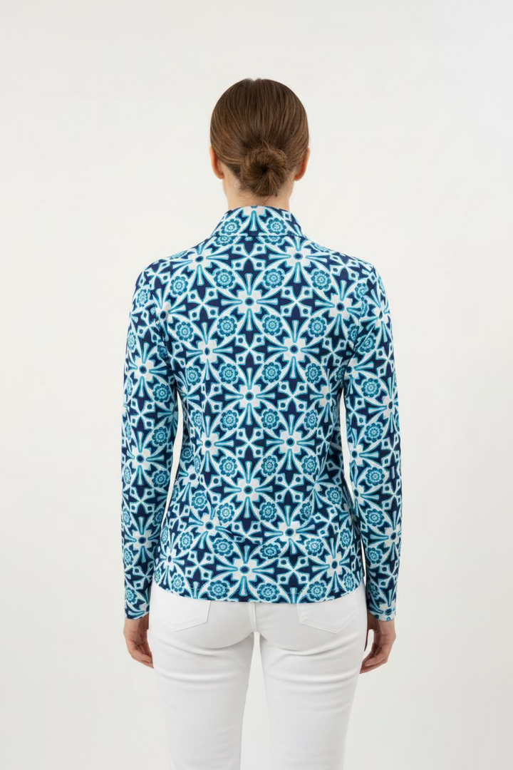 IBKUL Womens Long Sleeve Moroccan Tile Zip Mock - Blue/Multi