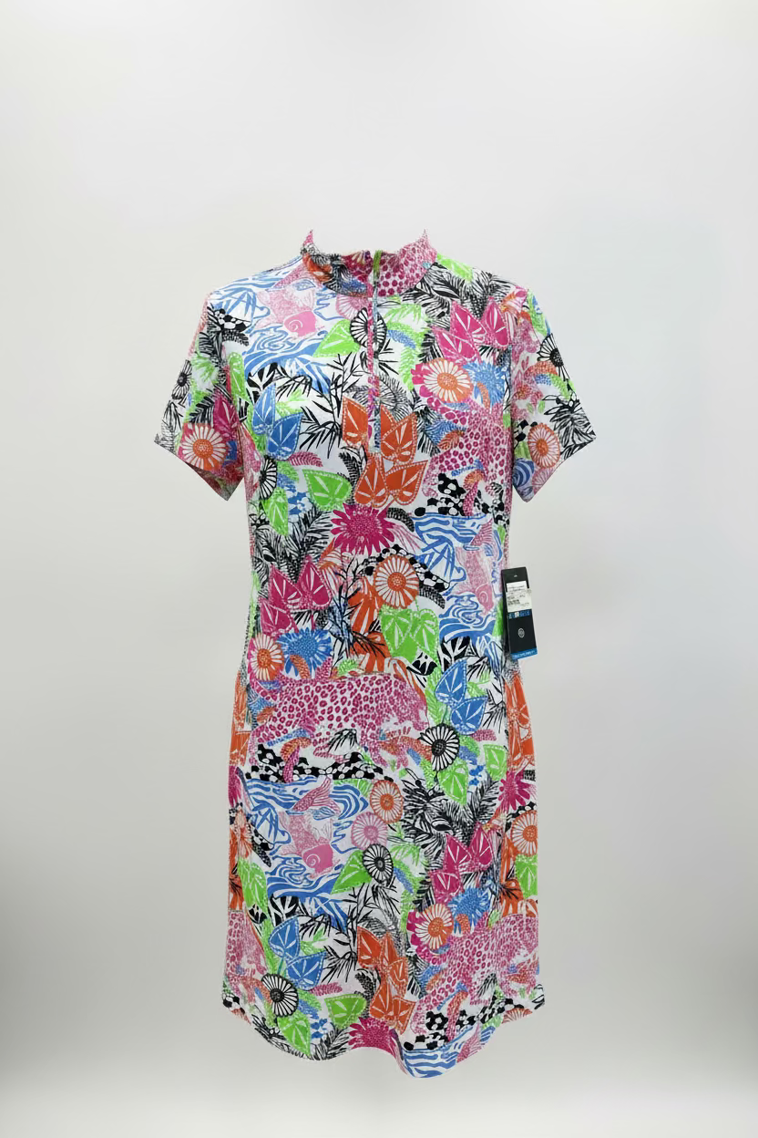IBKUL Womens Bamboo Garden Short Sleeve Zip Dress - Multicolored
