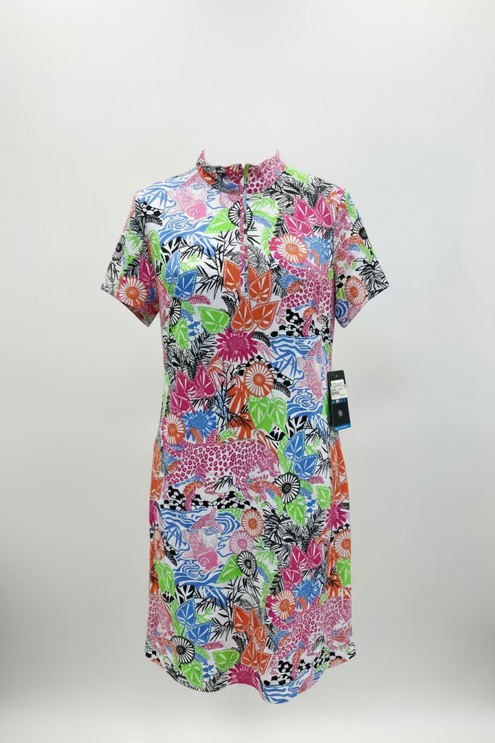 IBKUL Womens Bamboo Garden Short Sleeve Zip Dress - Multicolored