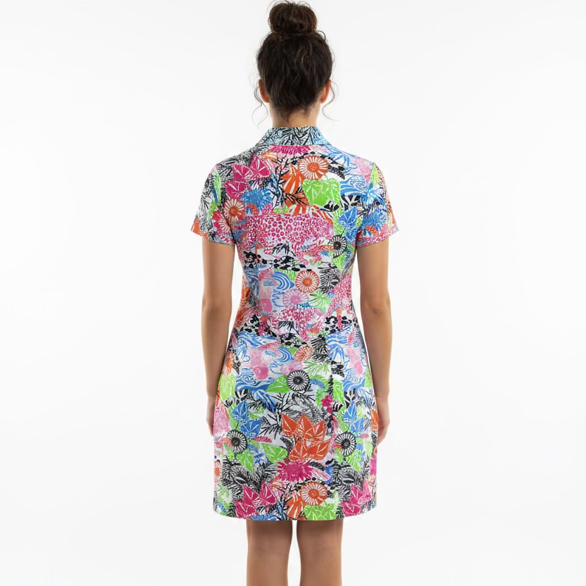 IBKUL Womens Bamboo Garden Short Sleeve Zip Dress - Multicolored