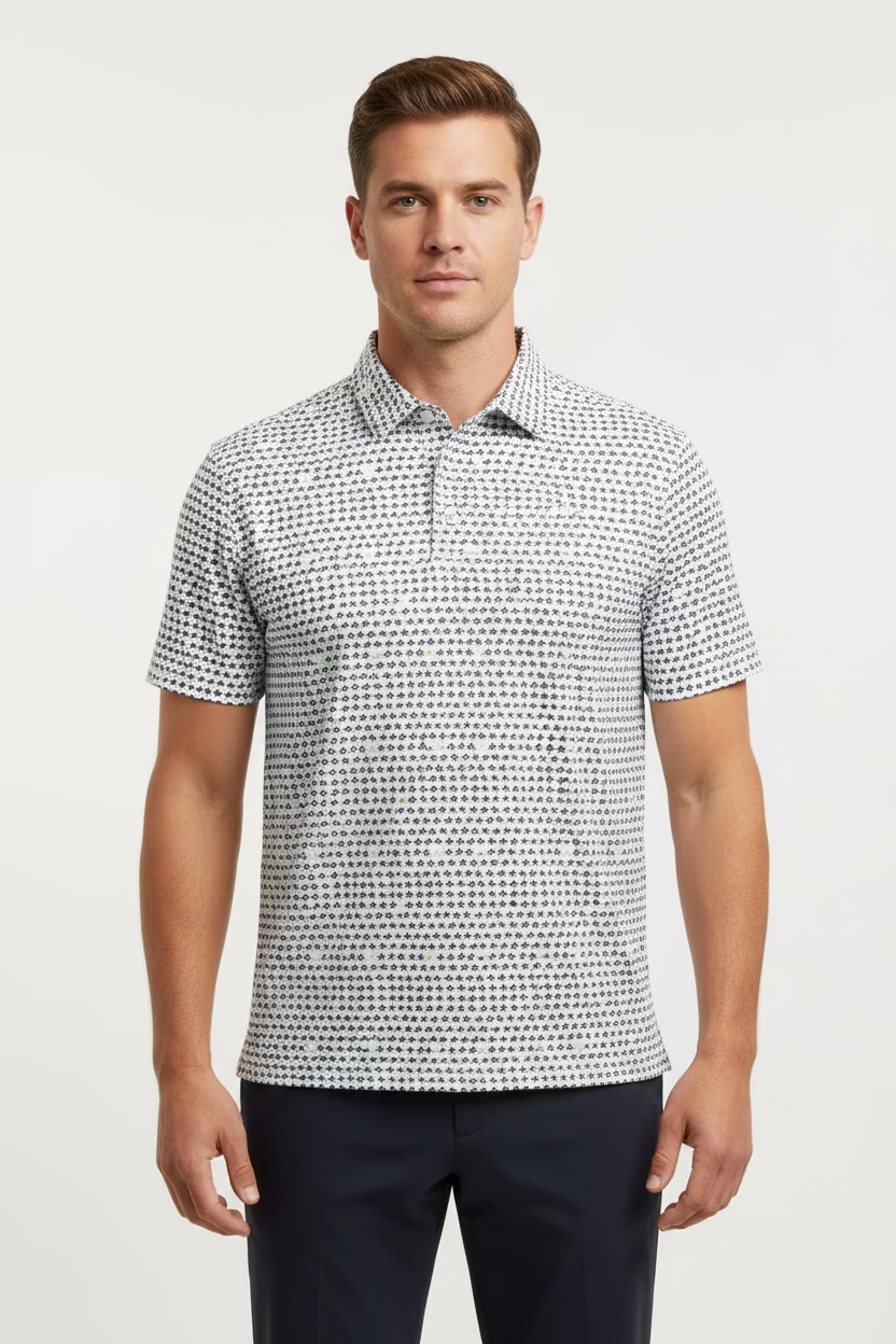 SanSoleil Mens Lucky Break Short Sleeve Button Polo - White/Multi