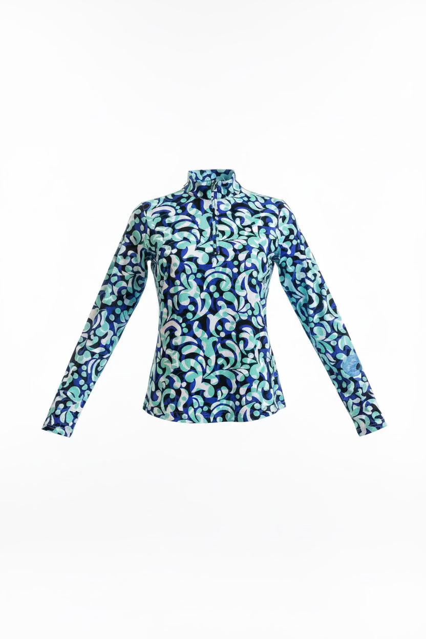 SanSoleil Womens Groovy Long Sleeve Zip Mock - Seafoam/Multi