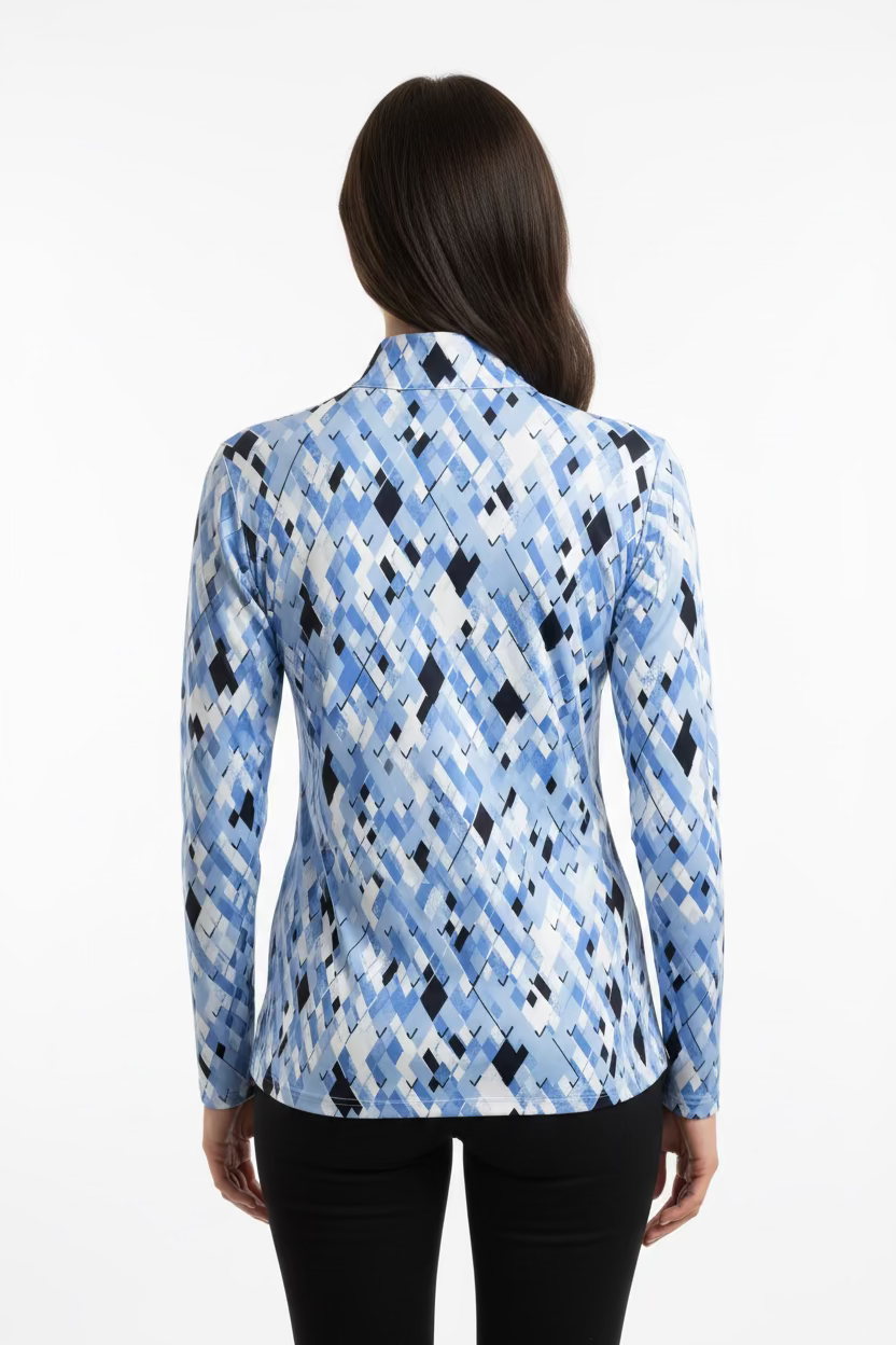SanSoleil Womens Pattern Print Long Sleeve Zip Mock - Carl Blue/Multi