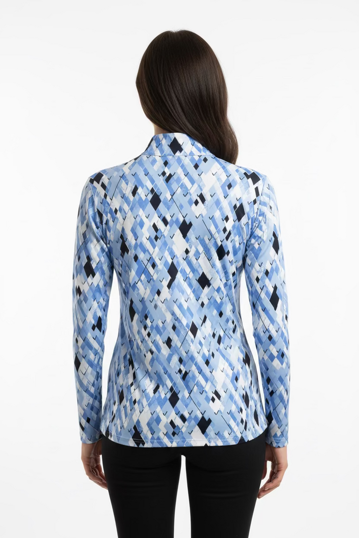 SanSoleil Womens Pattern Print Long Sleeve Zip Mock - Carl Blue/Multi