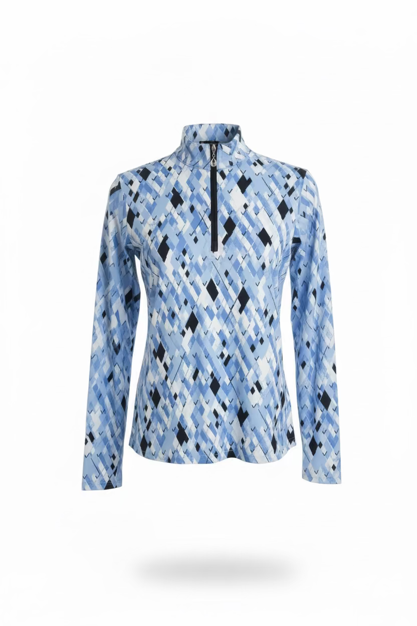 SanSoleil Womens Pattern Print Long Sleeve Zip Mock - Carl Blue/Multi