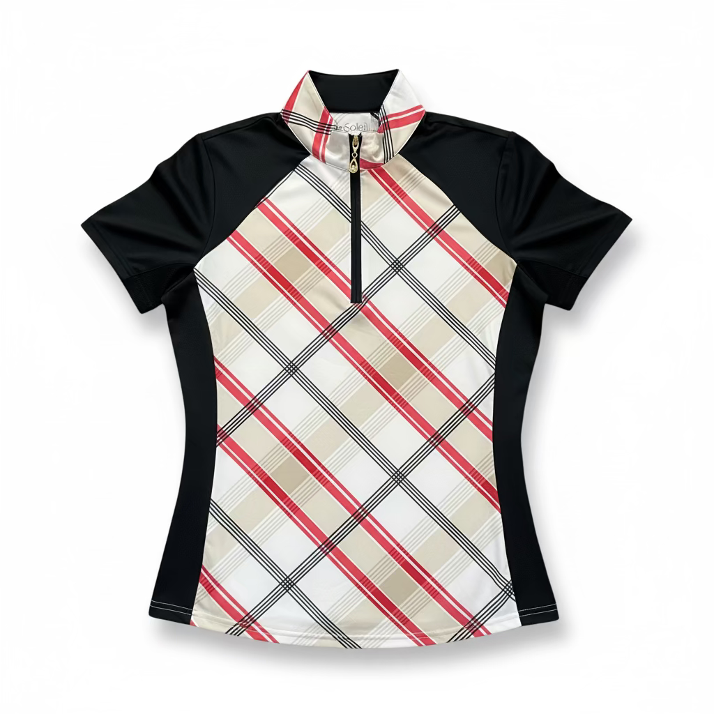 SanSoleil Womens Short Sleeve Zip Mock Top - Nova Check