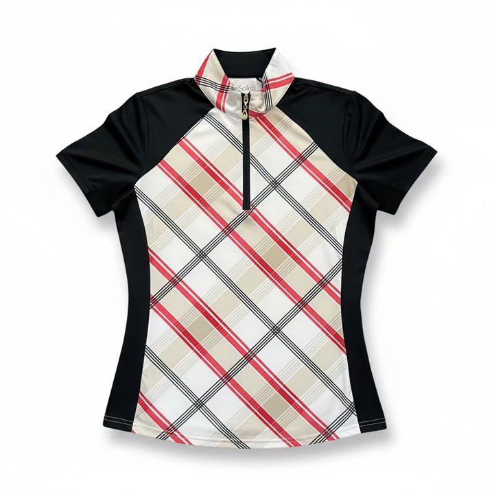 SanSoleil Womens Short Sleeve Zip Mock Top - Nova Check