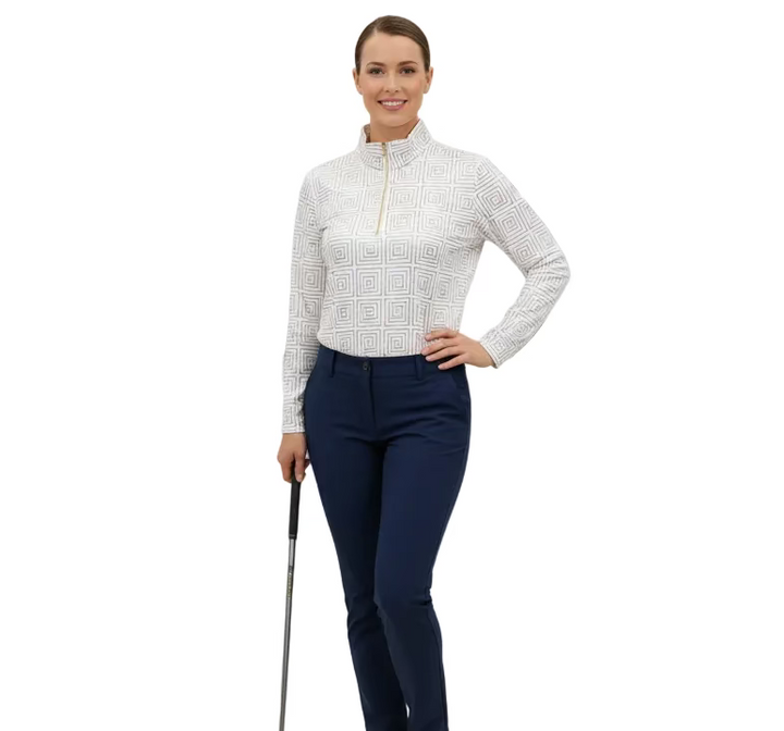SanSoleil Womens Long Sleeve Zip Mock Top - White/Gold Foil Print