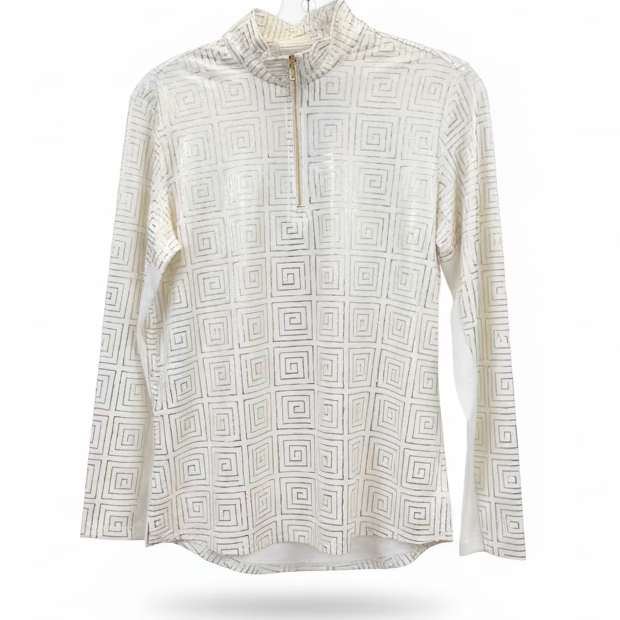 SanSoleil Womens Long Sleeve Zip Mock Top - White/Gold Foil Print