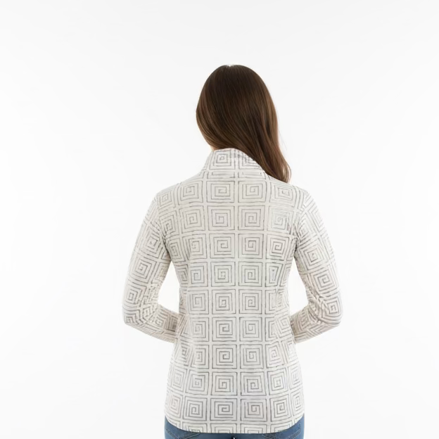 SanSoleil Womens Long Sleeve Zip Mock Top - White/Gold Foil Print
