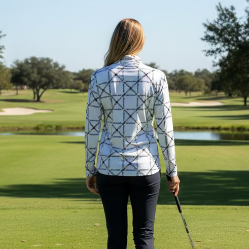 SanSoleil Womens Long Sleeve Chain Print Zip Mock Top - White/Multi