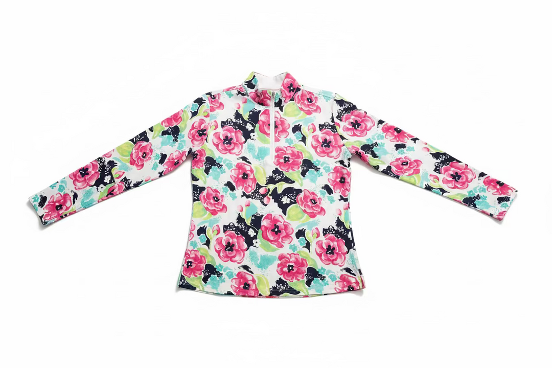 SanSoleil Womens Long Sleeve Floral Garden Zip Mock Top - White/Multi