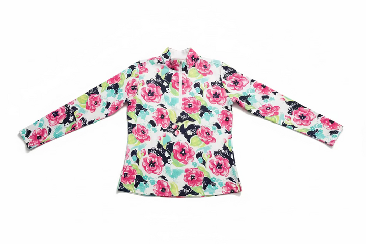 SanSoleil Womens Long Sleeve Floral Garden Zip Mock Top - White/Multi