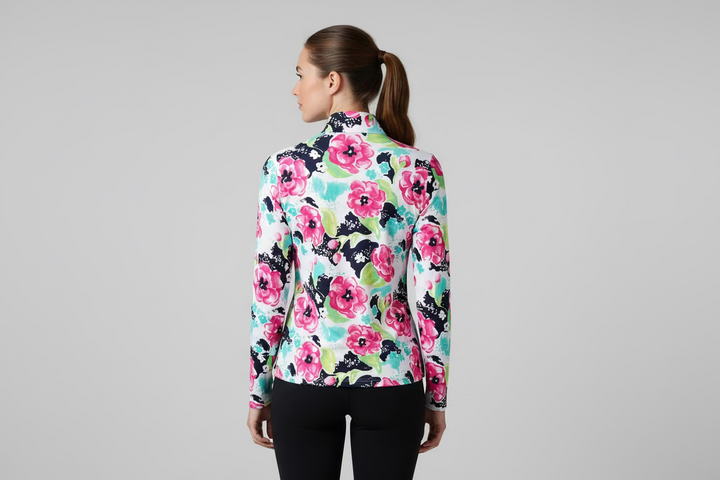 SanSoleil Womens Long Sleeve Floral Garden Zip Mock Top - White/Multi