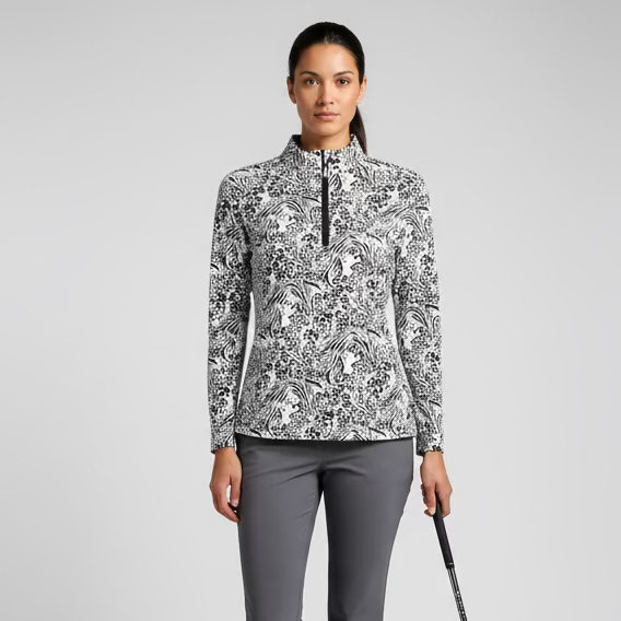 SanSoleil Womens Long Sleeve Animal Print Zip Mock Top - Black/White