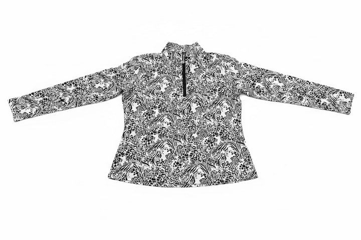 SanSoleil Womens Long Sleeve Animal Print Zip Mock Top - Black/White