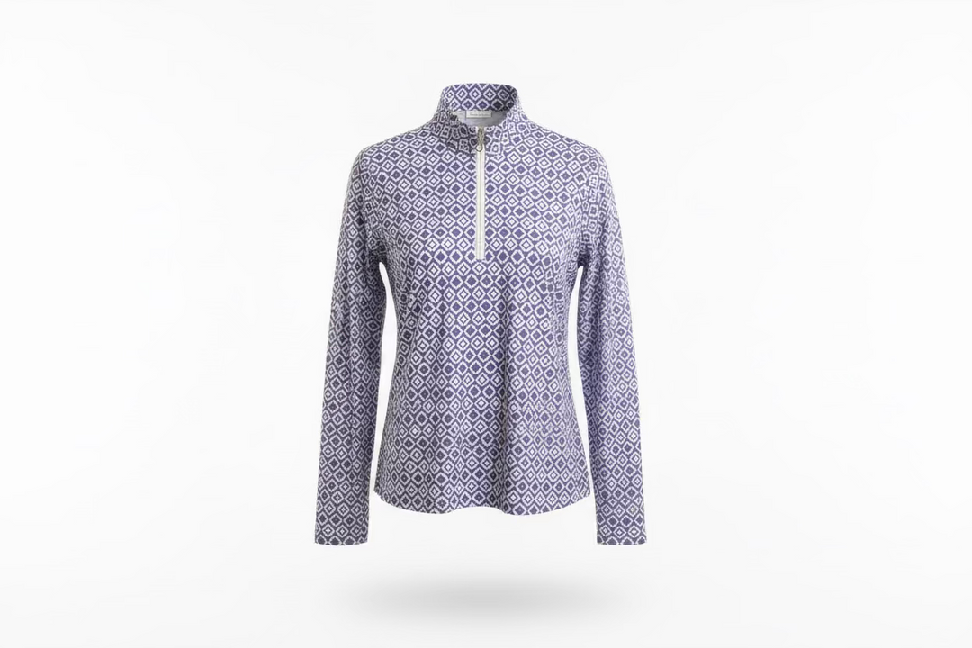 SanSoleil Womens Long Sleeve Pattern Print Zip Mock Top - Lilac/White