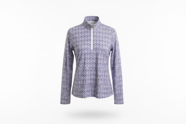 SanSoleil Womens Long Sleeve Pattern Print Zip Mock Top - Lilac/White