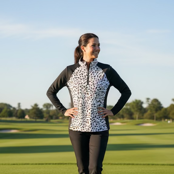 SanSoleil Womens Long Sleeve Animal Print Zip Mock Top - Black/Multi