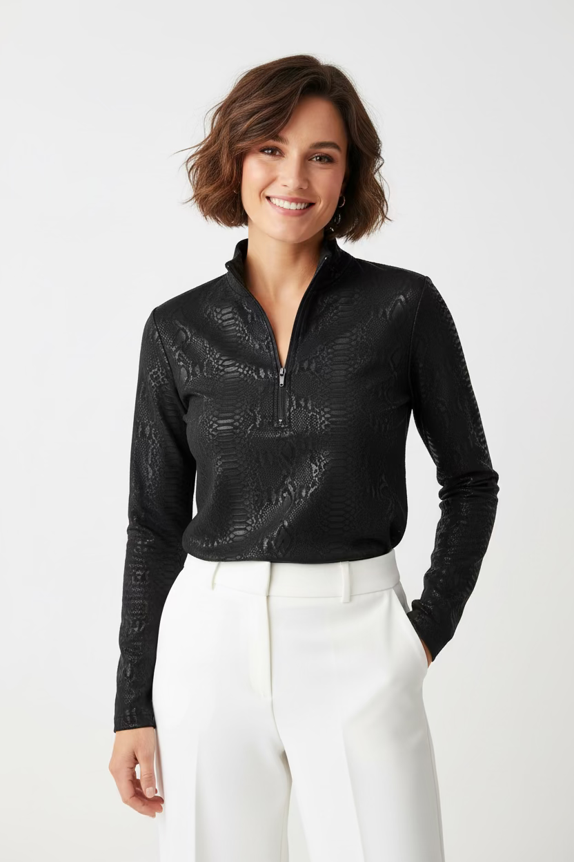 SanSoleil Womens Long Sleeve Pattern Print Zip Mock Top - Black