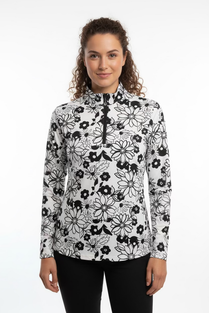 SanSoleil Womens Long Sleeve Flower Print Zip Mock - Black/White