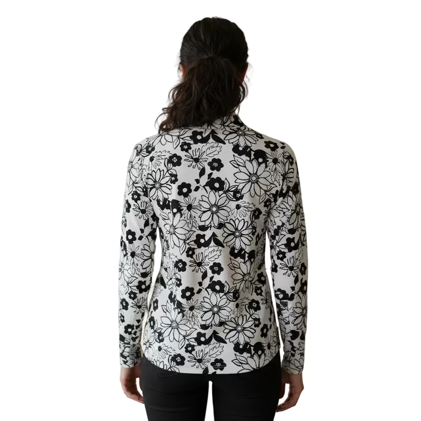 SanSoleil Womens Long Sleeve Flower Print Zip Mock - Black/White