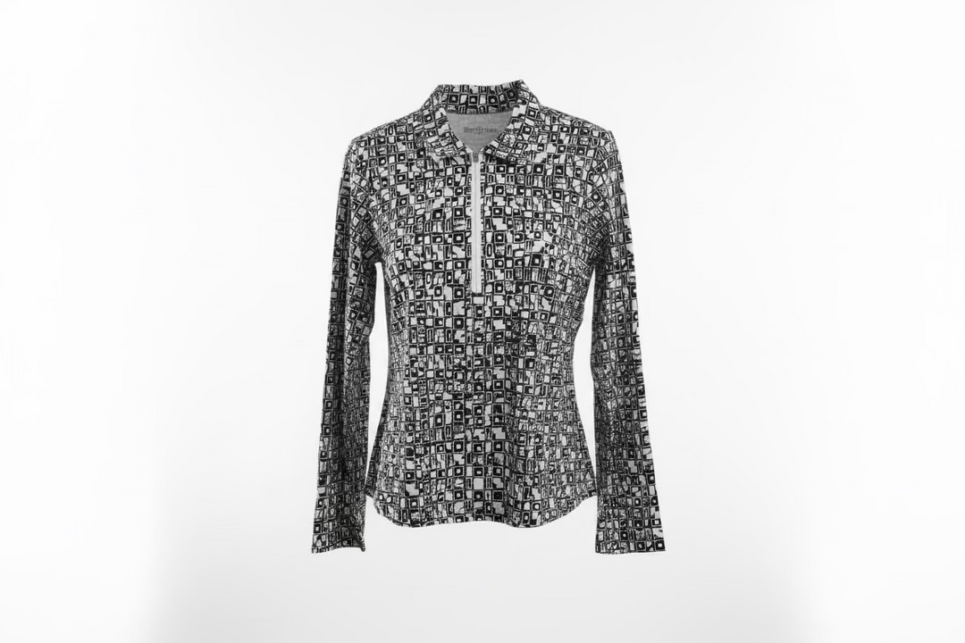 SanSoleil Womens Long Sleeve Pattern Print Zip Polo - Black/White
